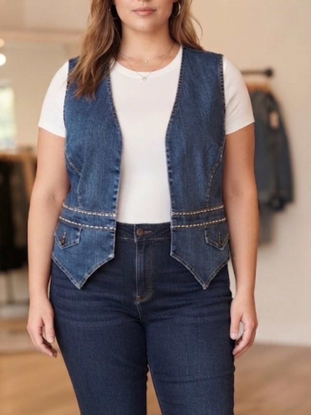 Ashley Stewart Plus Size 14W Denim Vest Blue Jean Cowgirl Y2K Western Pockets